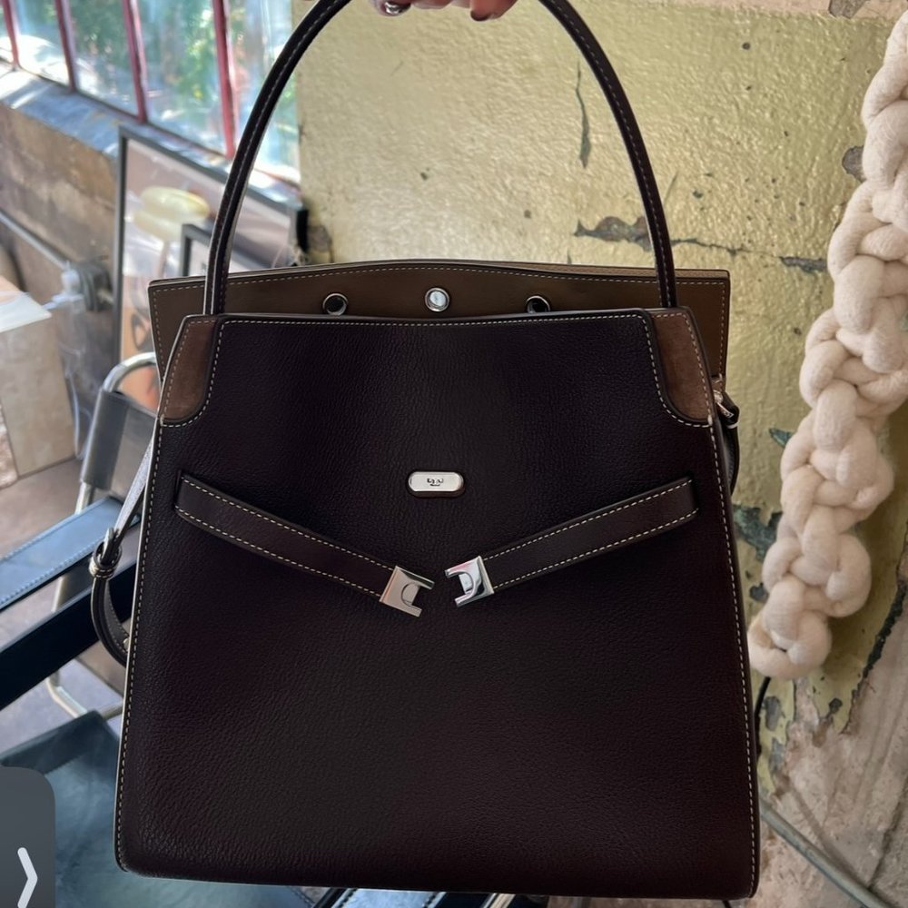 Tory Burch Lee Radziwill Double Bag in Pine Bark. Contrasting suede interior